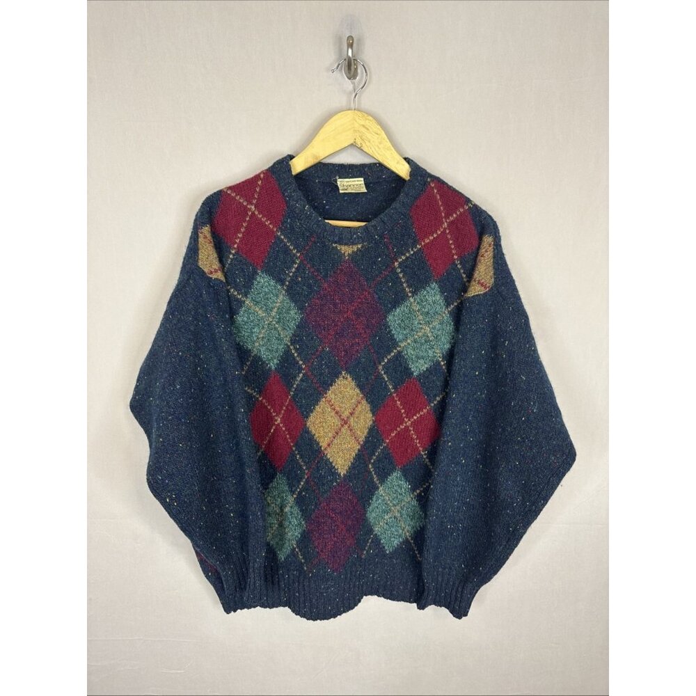 Vintage Shannon Ireland Shetland Wool Argyle Sweater‎ Blue L Made in Ireland